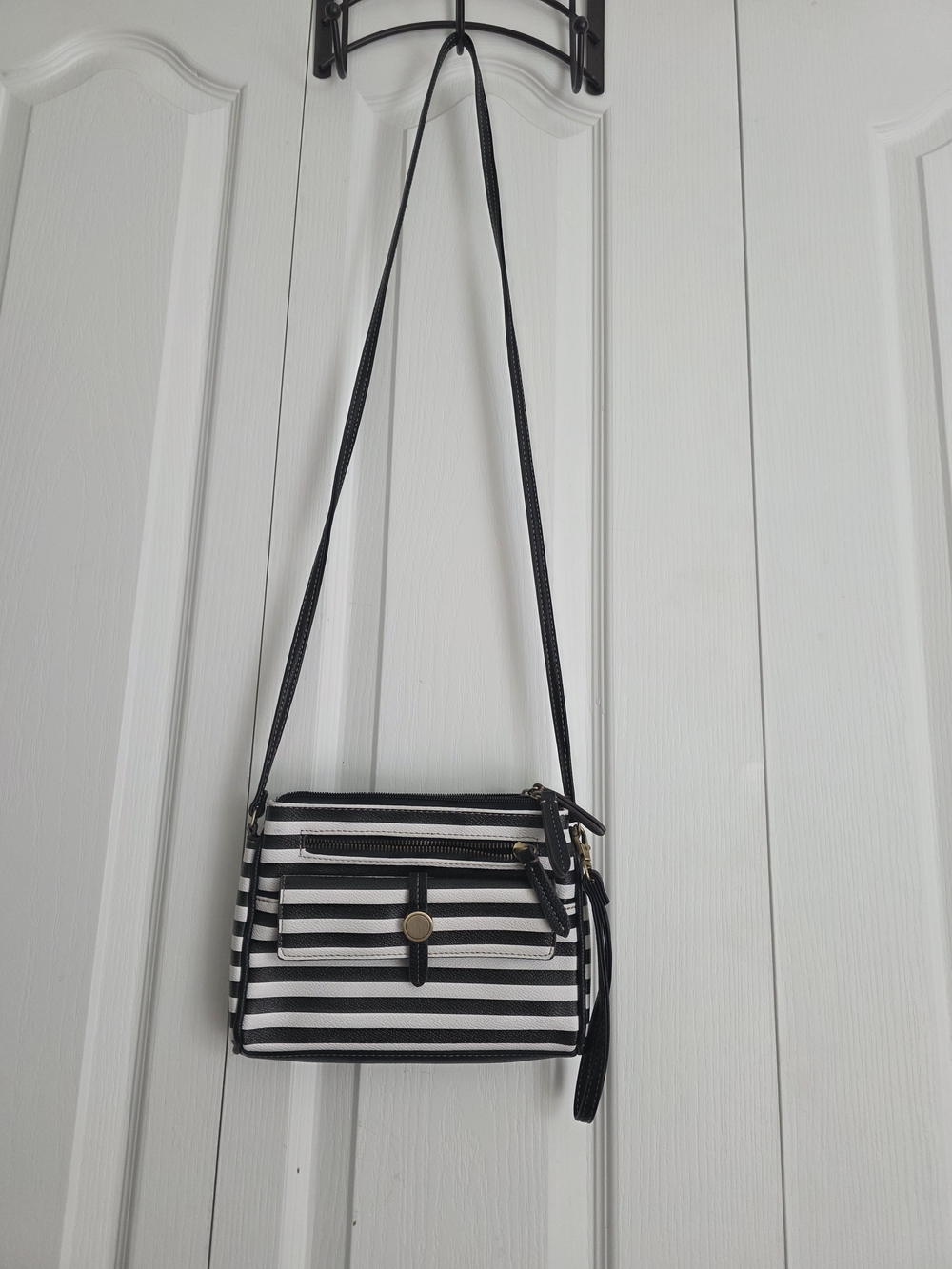 Striped Black & White Crossbody Bag with Front Pocket